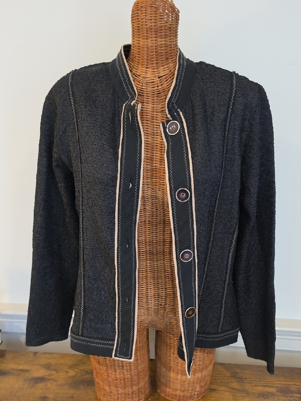 Chico's Black Textured Button Jacket with Cream Trim